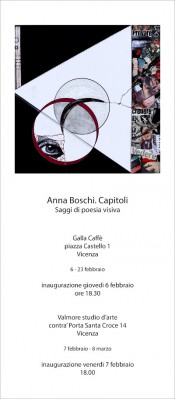 Invito alla doppia inaugurazione di Anna Boschi presso le sedi dello spazio espositivo Galla e di Valmore studio d'arte